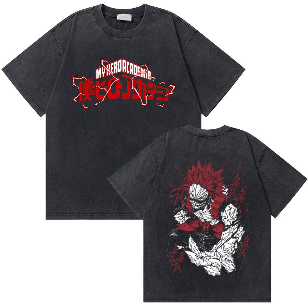 Washed Vintage Anime My Hero Academia Eijiro Kirishima T-shirt Men Women Manga Casual Retro T-shirts Men's Cotton Oversized Tees