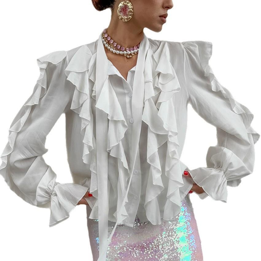 Fashion and casual niche design sense ruffle edge streamer collar loose and thin versatile commuter long-sleeved shirt