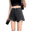 Classic and Minimalist Fashion with Black and Gray High-waisted Female Broken Holes Burlap A-line Thin Section Thin Outside Wearing Denim Shorts