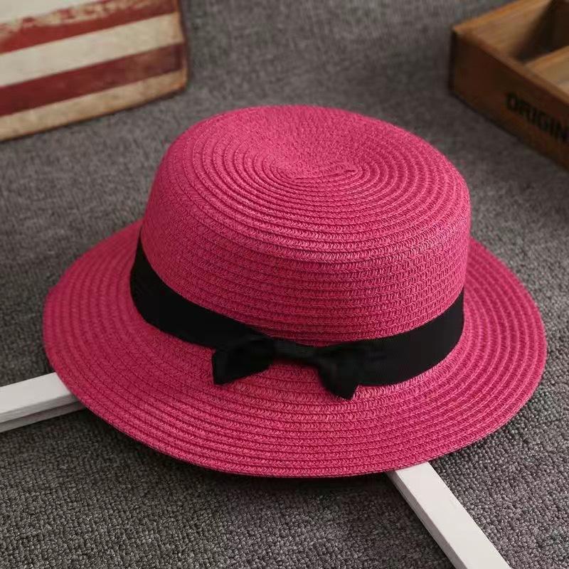 Women's Flat Top Vacation Straw Hat Solid Color Wide Bow Bow Hat Sunscreen Beach Hat
