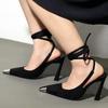 Fashion Metal Decorative Sexy Pointed Toe High Heels Women Ankle Strap Suede Women Pumps Summer Elegant Heeled Sandals Tacones Mujer