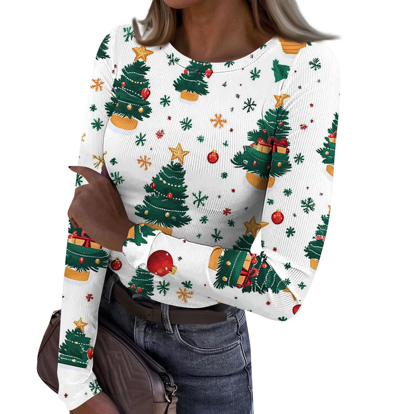 

Женская модная облегающая футболка с круглым вырезом, базовый слой, с рождественским принтом, с длинным рукавом S зелёный