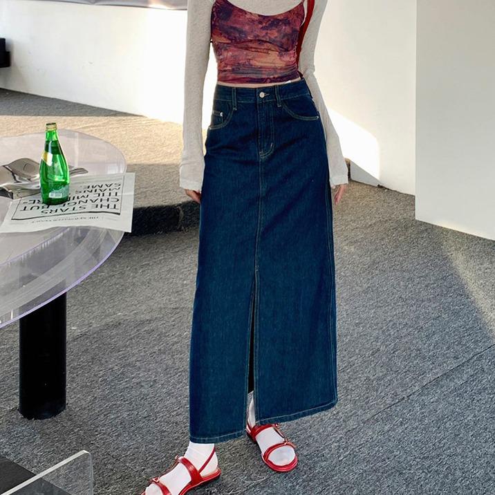 

Tall Women s High-Waist Korean Style Dark Blue Denim Midi Skirt M