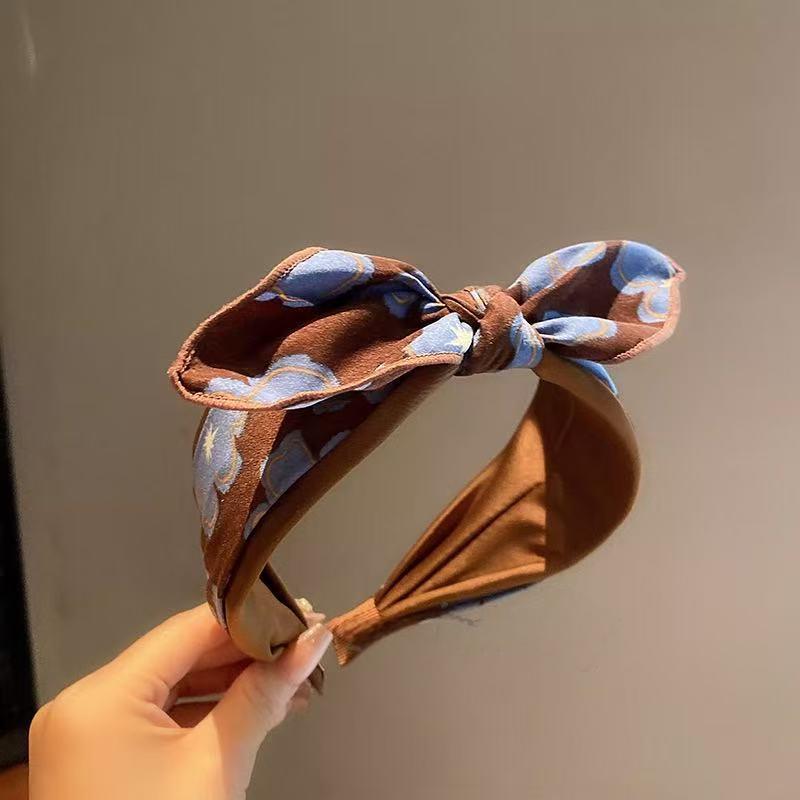 High-End Floral Blue Coffee Bow Headband: Versatile Women's Wide-Brim Hair Accessory