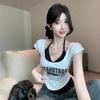Summer Spice Girls Contrasting Color Splicing Printed Short Sleeve T-Shirt Women's Neck Strap Fake Two Pieces Design Sense Short Slim Top