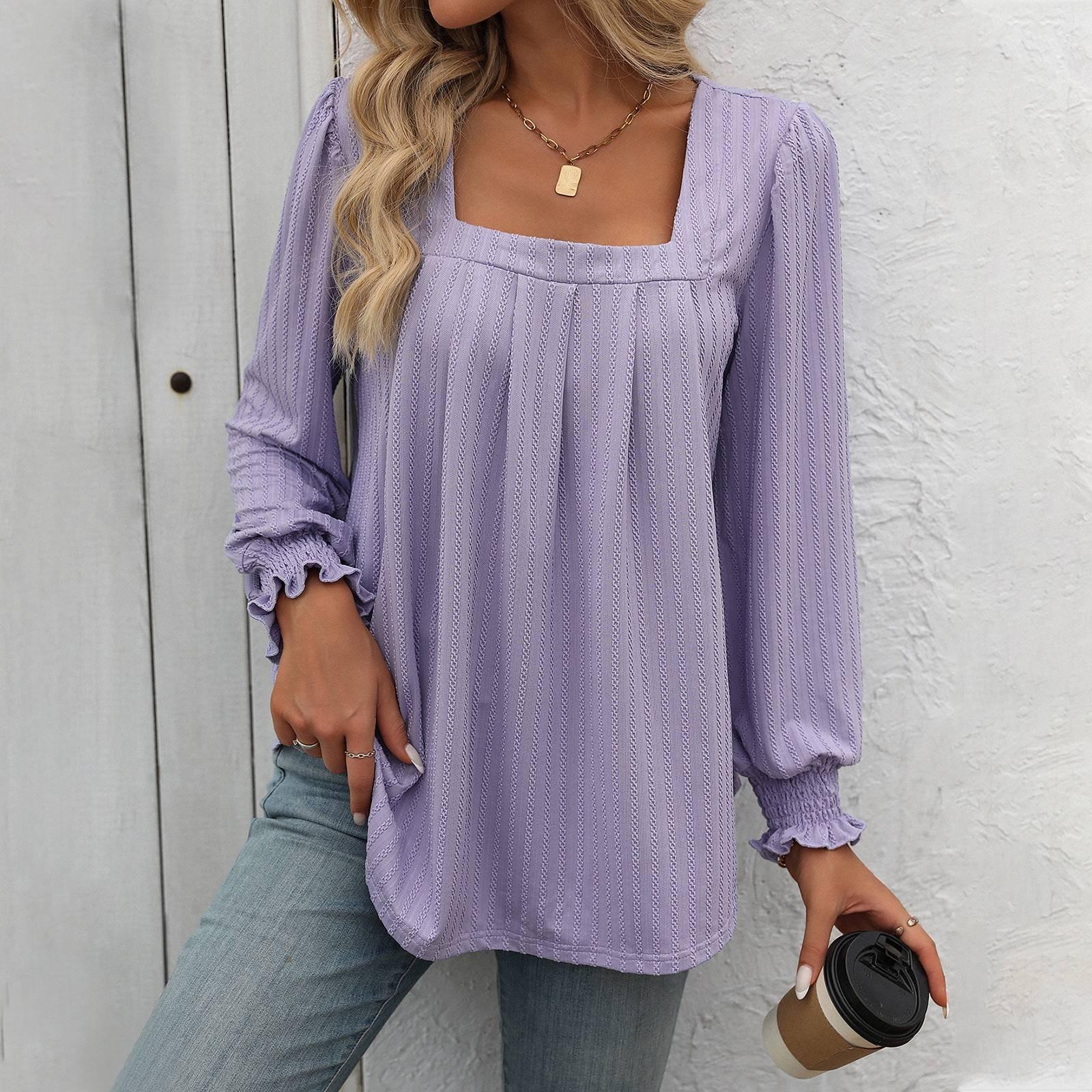 

Женская модная однотонная плиссированная повседневная футболка с квадратным вырезом и длинными рукавами и пузырьковыми рукавами S