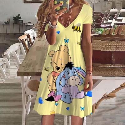 Abito Estivo da Donna Stampato con Scollo a V Maniche Corte Casual Disney Winnie the Pooh da Donna Semplice da Spiaggia Vento Abbigliamento da Donna