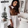 GMXIA Fashion Women Leather Dress Patchwork Plaid Mini Dress Party Casual Skirt Spring Ruffle Dress