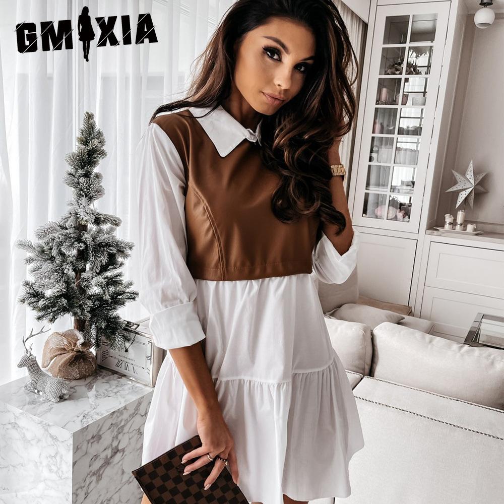 GMXIA Fashion Women Leather Dress Patchwork Plaid Mini Dress Party Casual Skirt Spring Ruffle Dress