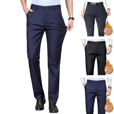 Straight Leg Anti-wrinkle Solid Color Mid Waist Soft Thickened Plush Formal Style Elastic Pockets