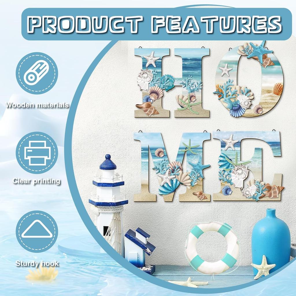 4 Pcs Wood Home Sign Coastal Beach Wall Decor Beach Style Signs Blue Starfish and Shell Wall Decor Beach Theme Sign for Home Letters Hanging Wall