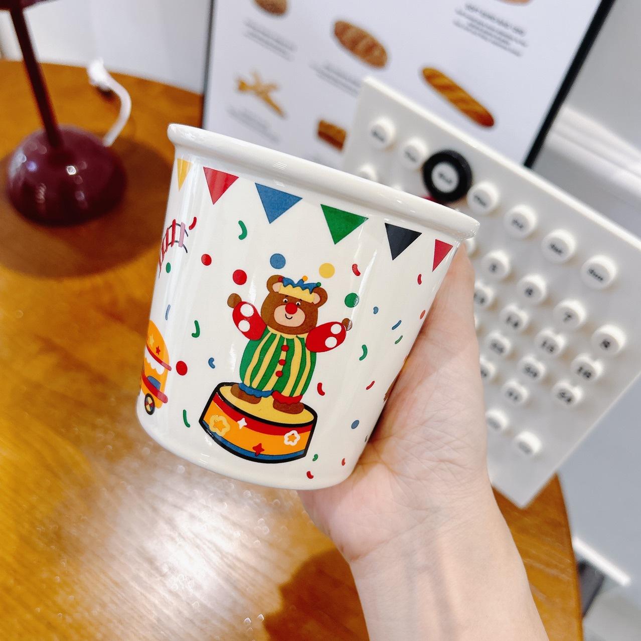 

Керамическая кружка большой вместимости Цирковой медведь Заяц Милая мультяшная кружка Молочная кружка Кофейная кружка с ложкой Подарок 340ml