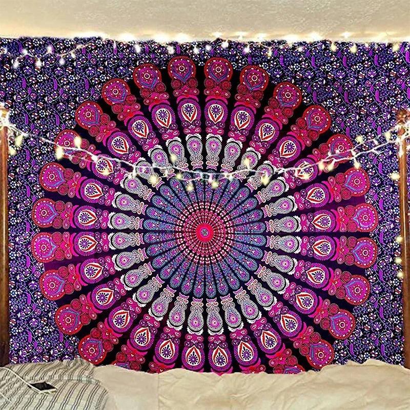 Indischer Hippie Bohemian psychedelisches Goldenes Blau Pfauen Mandala Wandbehang Feine Kunst Heimdekoration Wandteppich