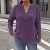 Damen Plus Size V-Ausschnitt Knopfleiste Langarm Stricktop T-Shirt für Freizeitkleidung