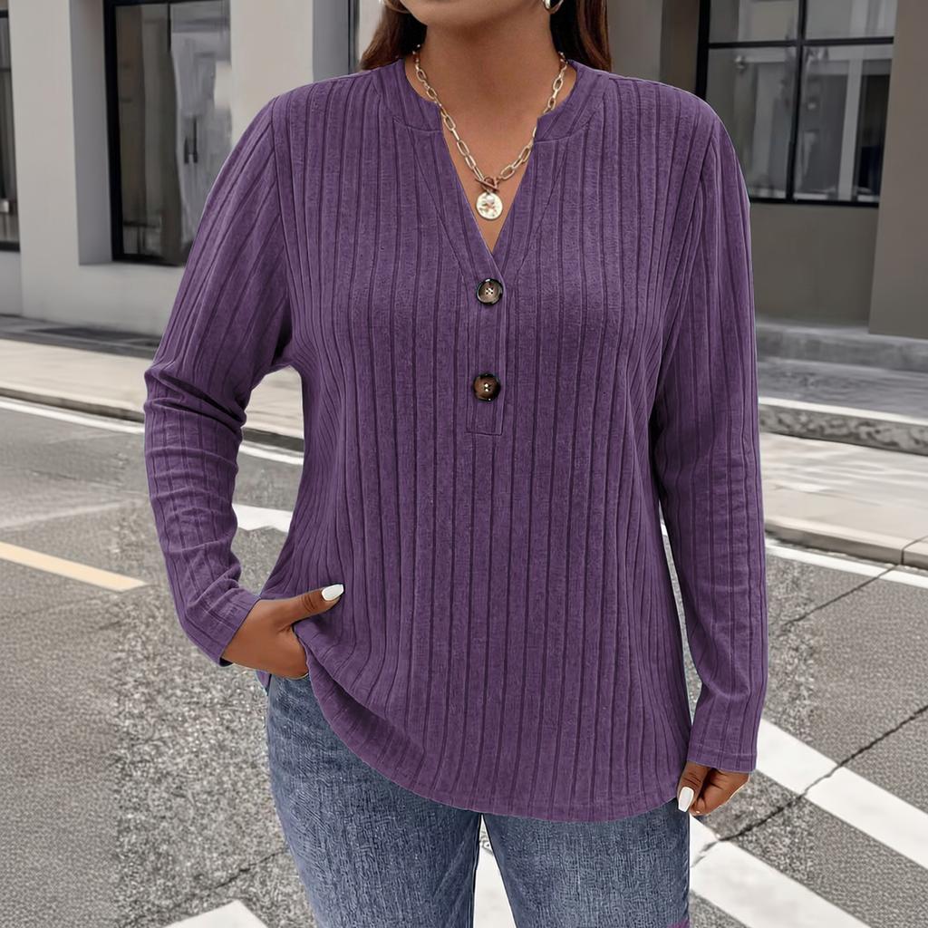 Damen Plus Size V-Ausschnitt Knopfleiste Langarm Stricktop T-Shirt für Freizeitkleidung