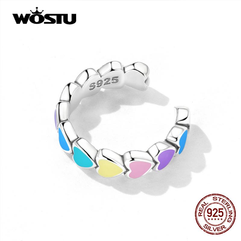 WOSTU Real 925 Sterling Silver Rainbow Heart Mono-Ear Cuff for Women Fashion Colorful Ear Clip Fine All-match Jewelry 1 Piece