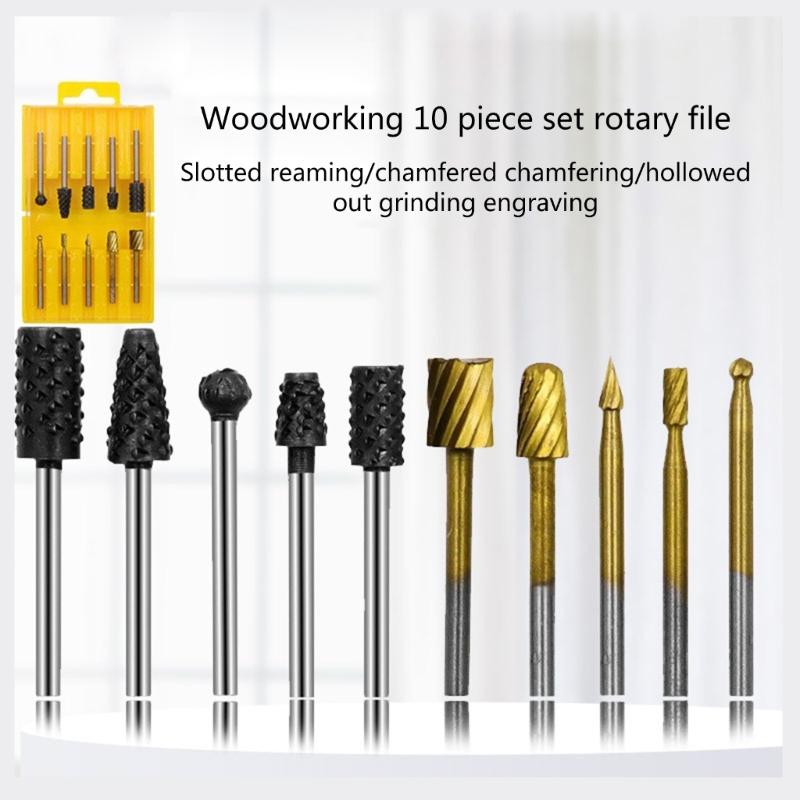 10Pcs Drill Bit Rotary Rasp File Set for Woodworking Knife Wood Carving Tool Carpentry Wood Cutting Tools Bit Set
