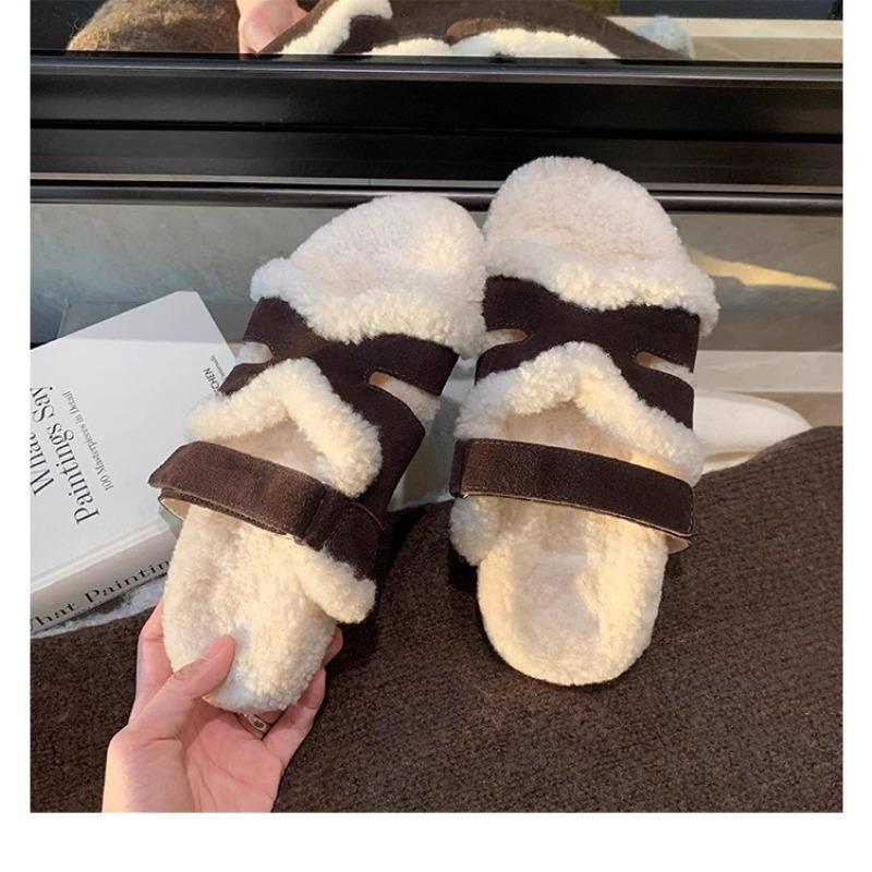 Lazy person with Velcro second uncle thick-soled leather fluffy slippers women wear autumn and winter models
