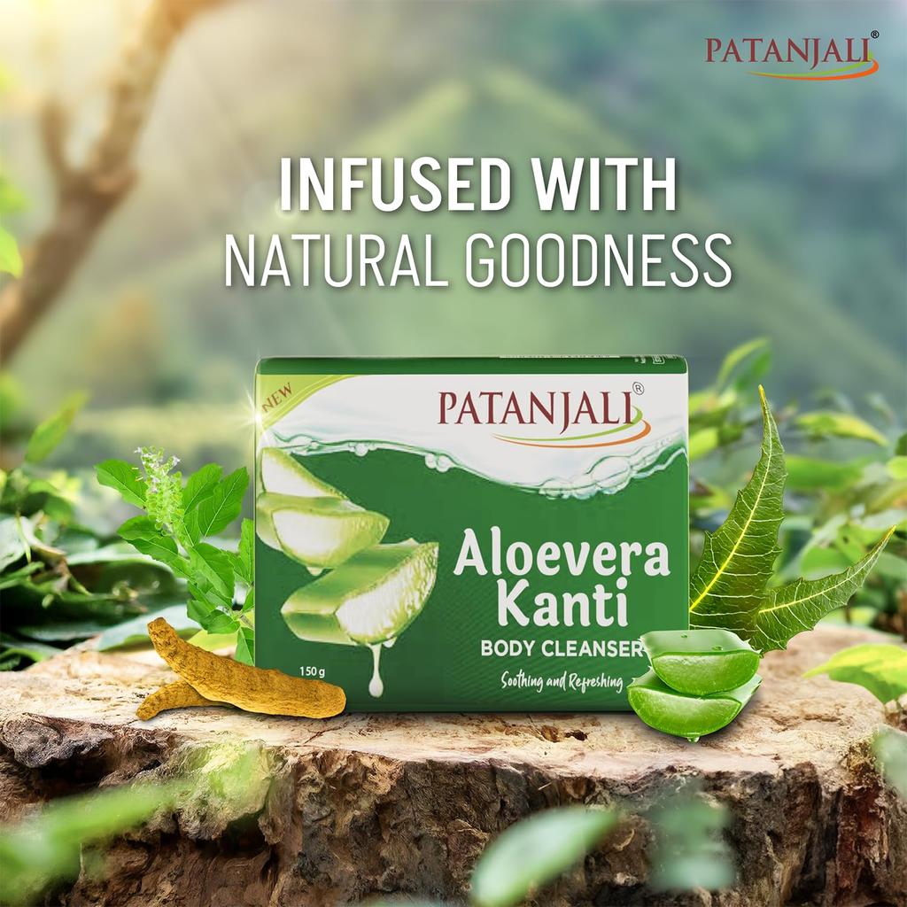 Patanjali Aloe Vera Kanti Body Cleanser Soap 150g X Pack Of 4 Nourishing Moisturizing Bath Bar For Soft Smooth Hydrated Skin