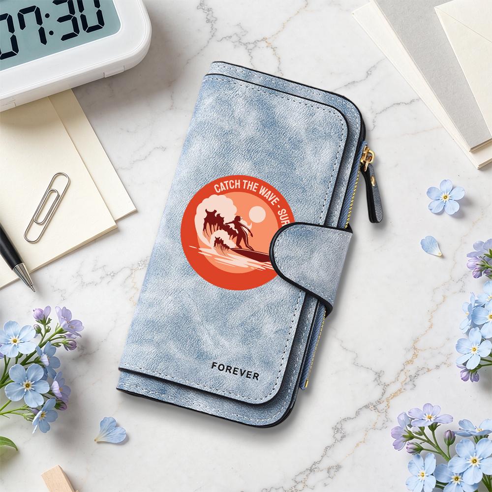 Surf Pattern Long Wallet Fashion Casual PU Card Holder Portable Daily Use Money Purse for Outdoor