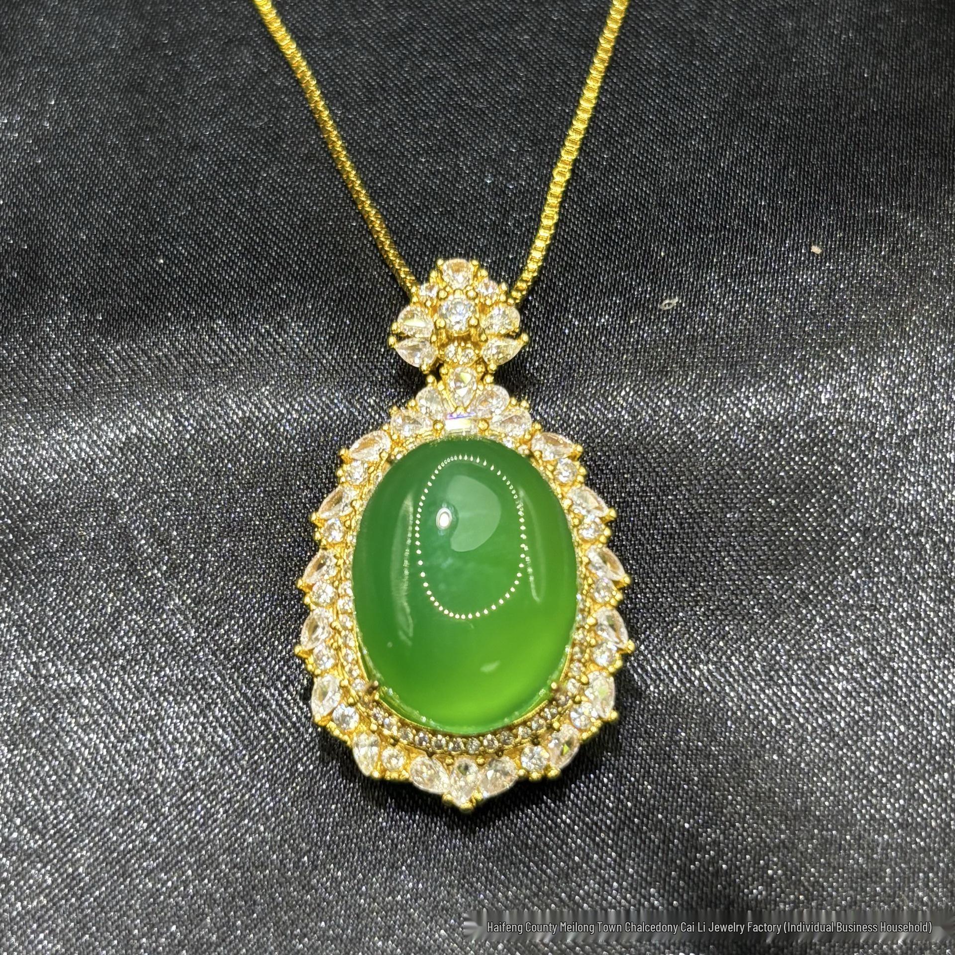 Luxurious S925 Imperial Green Chalcedony Pendant Necklace with Large Faceted Pigeon Egg and Full Diamond Inlay