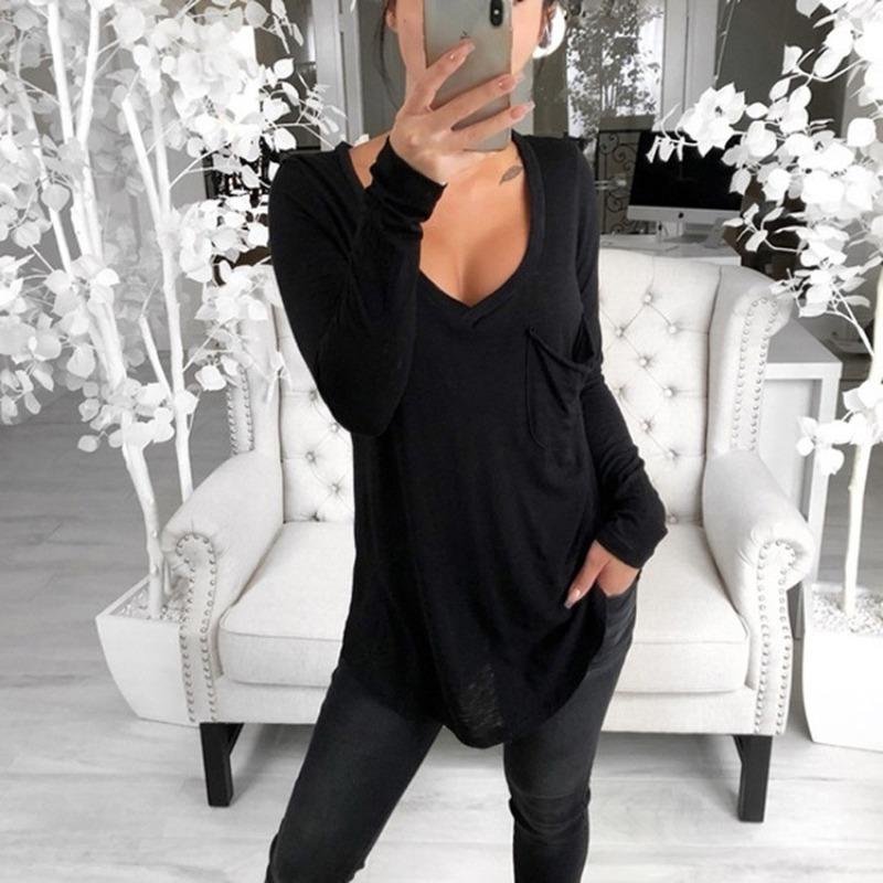 QICED Women's Fashion Casual Solid Color Print Long Sleeve V-Neck Blouses & Shirts