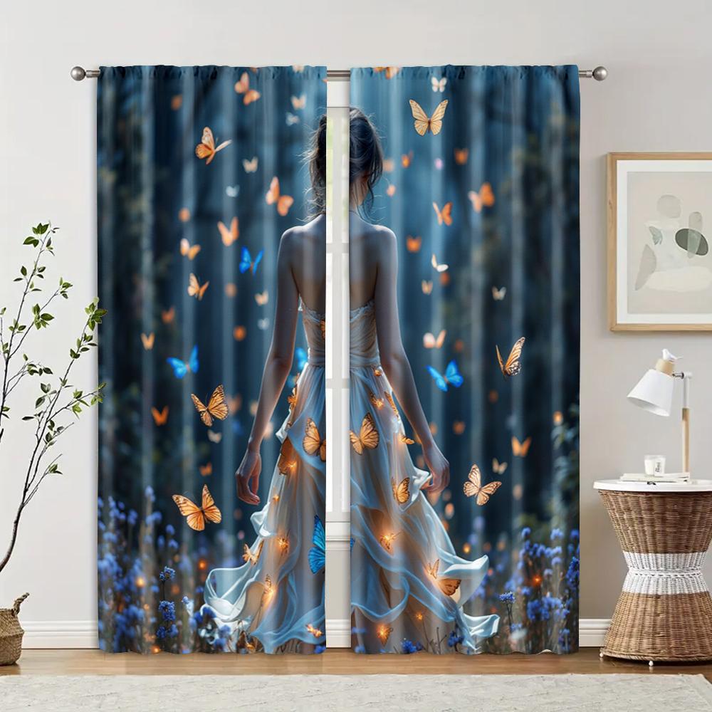 

2 pcs, filtering curtains (excluding rods, non-movable, without batteries) Serene Woman with Butterflies for use in bedrooms and 29x65in(75x166cm)