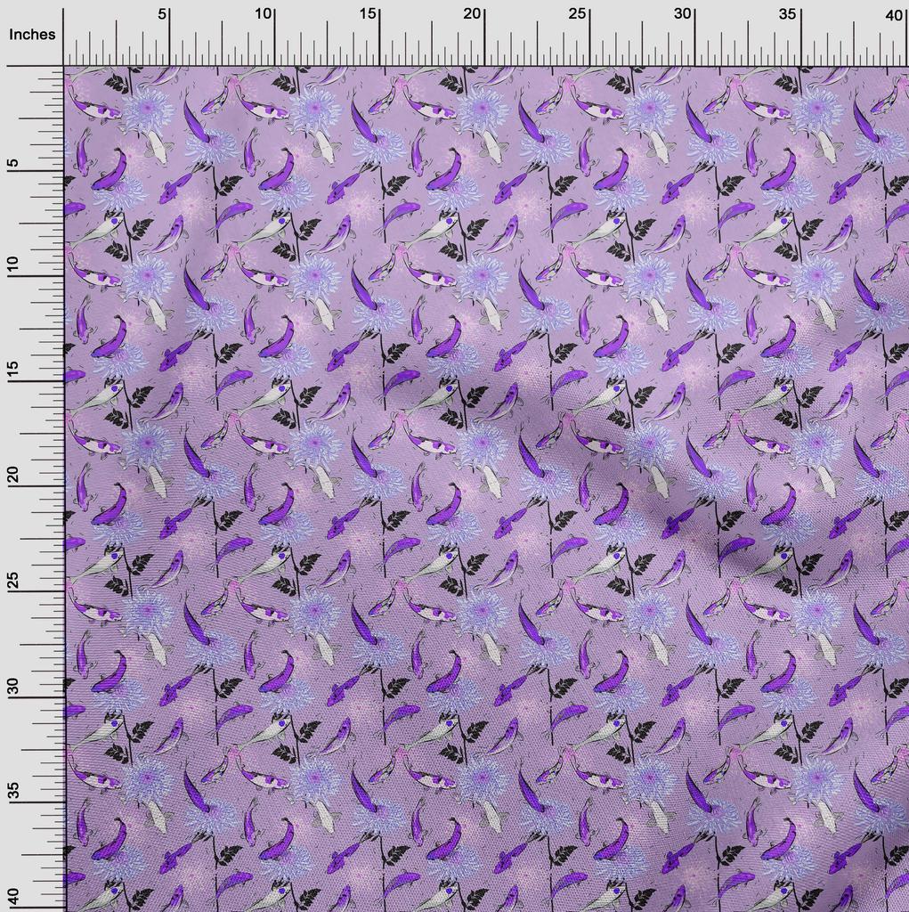 oneOone Cotton Flex Dusty Purple Fabric Asian Japanese Koi Fish with Floral Sewing Fabric by The Yard Printed DIY Clothing Sewing Supplies 40 Inch