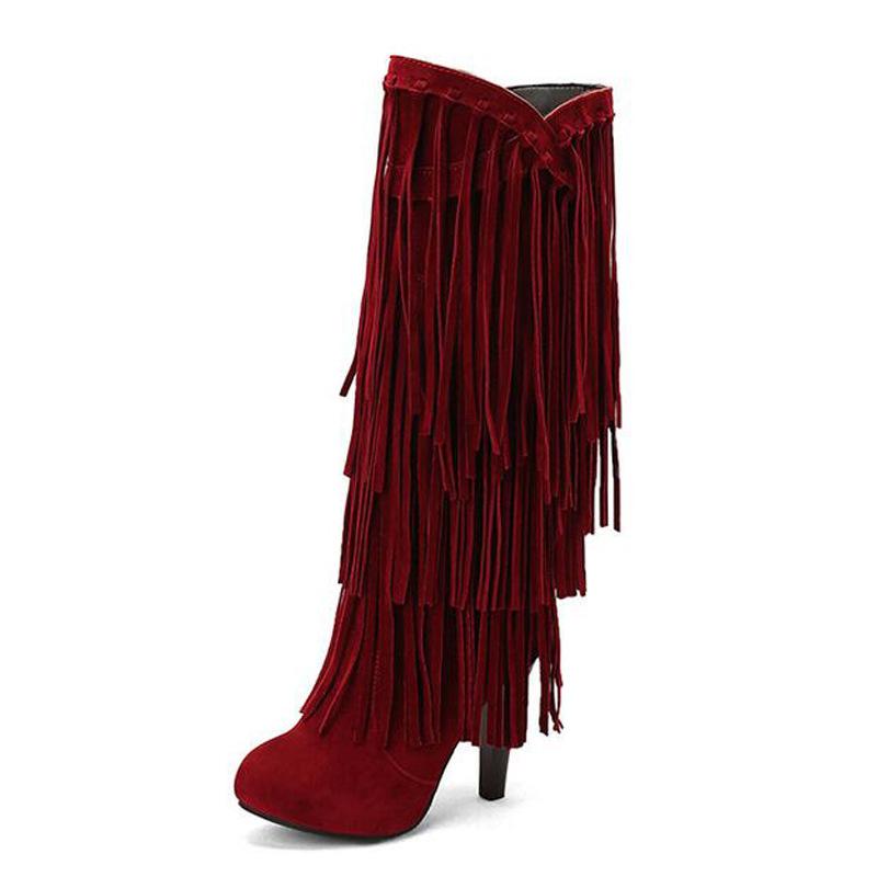 High-Heeled V Mouth Fringed Women's Boots Round Toe 10cm Square Heel High Tube Boots Fashion Sexy Flock Women Shoes Size 34-39