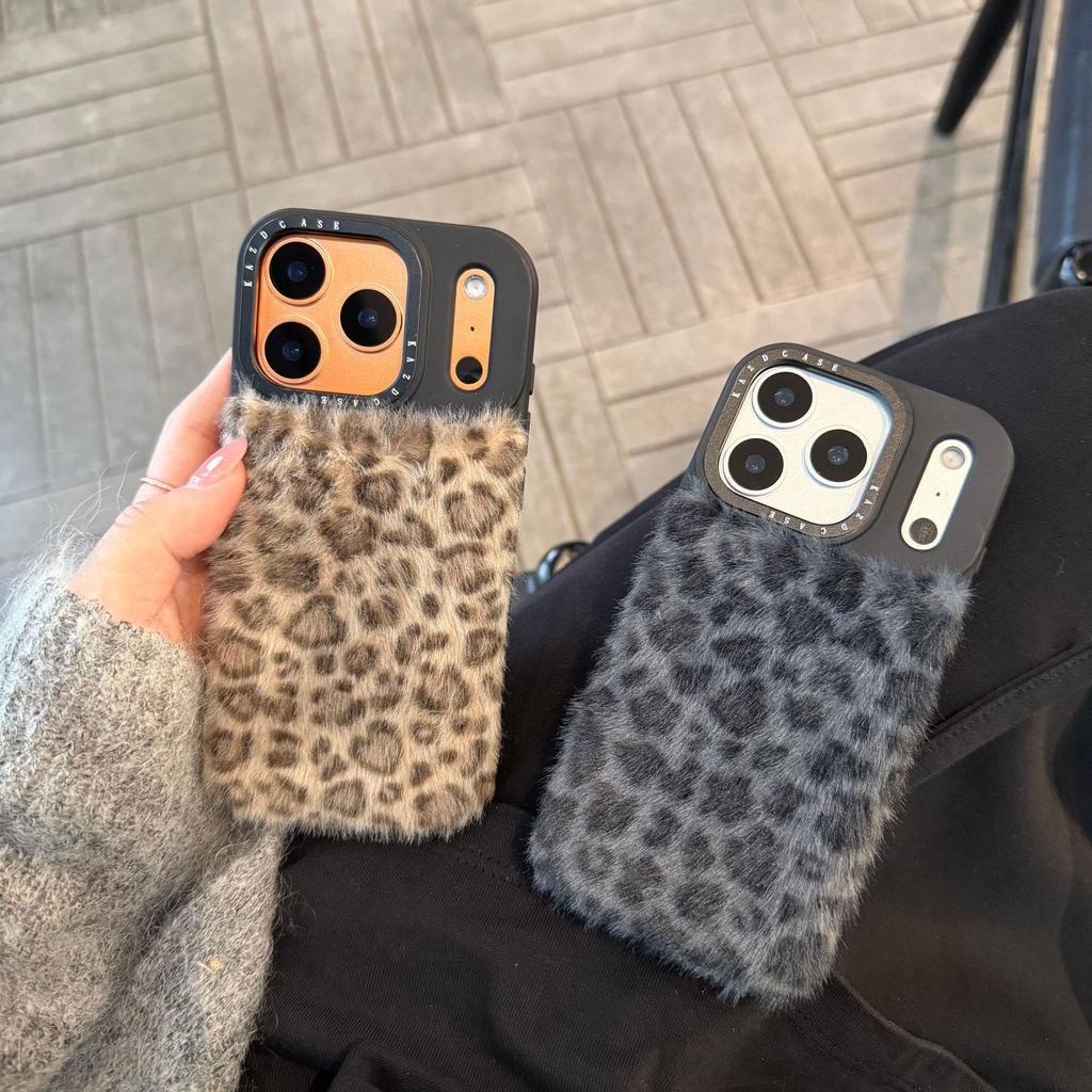 Autumn and winter leopard print plush for iPhone17Promax mobile phone case Apple 16 all-inclusive 15 female Internet celebrities 14/13