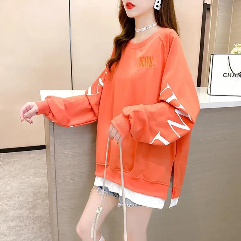Cotton Sweatshirt Women Autumn Spring Large Size Loose Mid-Length Round Neck Sweatshirt Casual Versatile Long Sleeve Tops