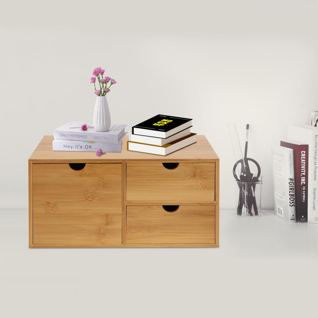 Bamboo Desk Drawer Organizer Tabletop Storage Cabinet Corner Desk Organizer W/3 Drawers for Home Office Supplies,33*19*16cm