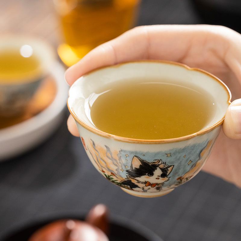 Ru Klin Cute Hand Painted Cat Teacup Ceramic Retro Porcelain Tea Cup Master Cup Tasting Mug Chinese Kung Fu Japanese Tea Teaware