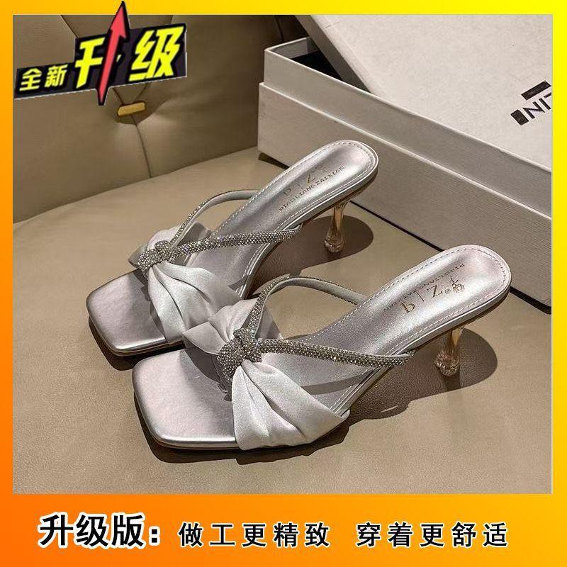 Summer new fashion open-toed square-headed rhinestones with slippers women's sexy outer wear stiletto high heels women