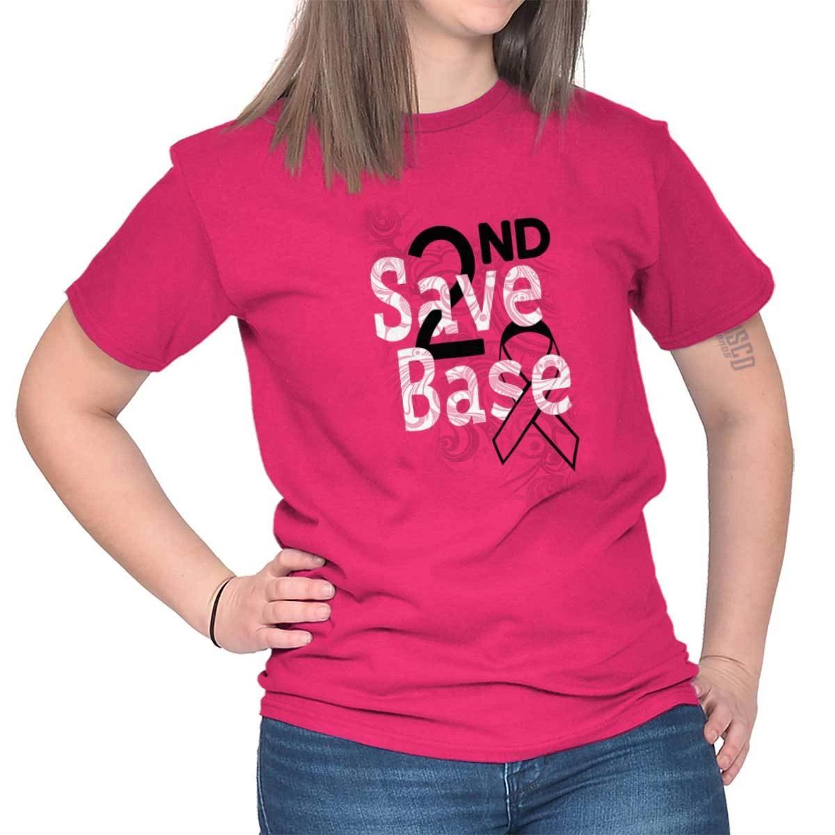 Save 2nd Base Breast Cancer Awareness Ribbon Womens Graphic Crewneck T Shirt Tee XS