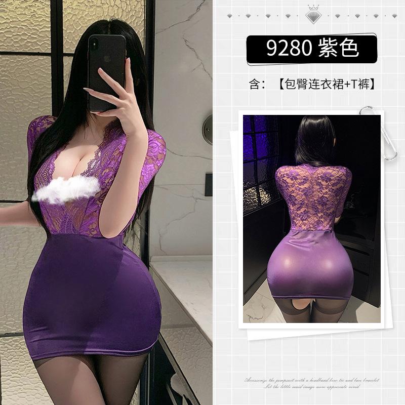 Sexy Secretary OL Uniform Seduction Purple Charm Deep V Dirty Breast Lace Perspective Underwear Skinny Hip Wrap Skirt