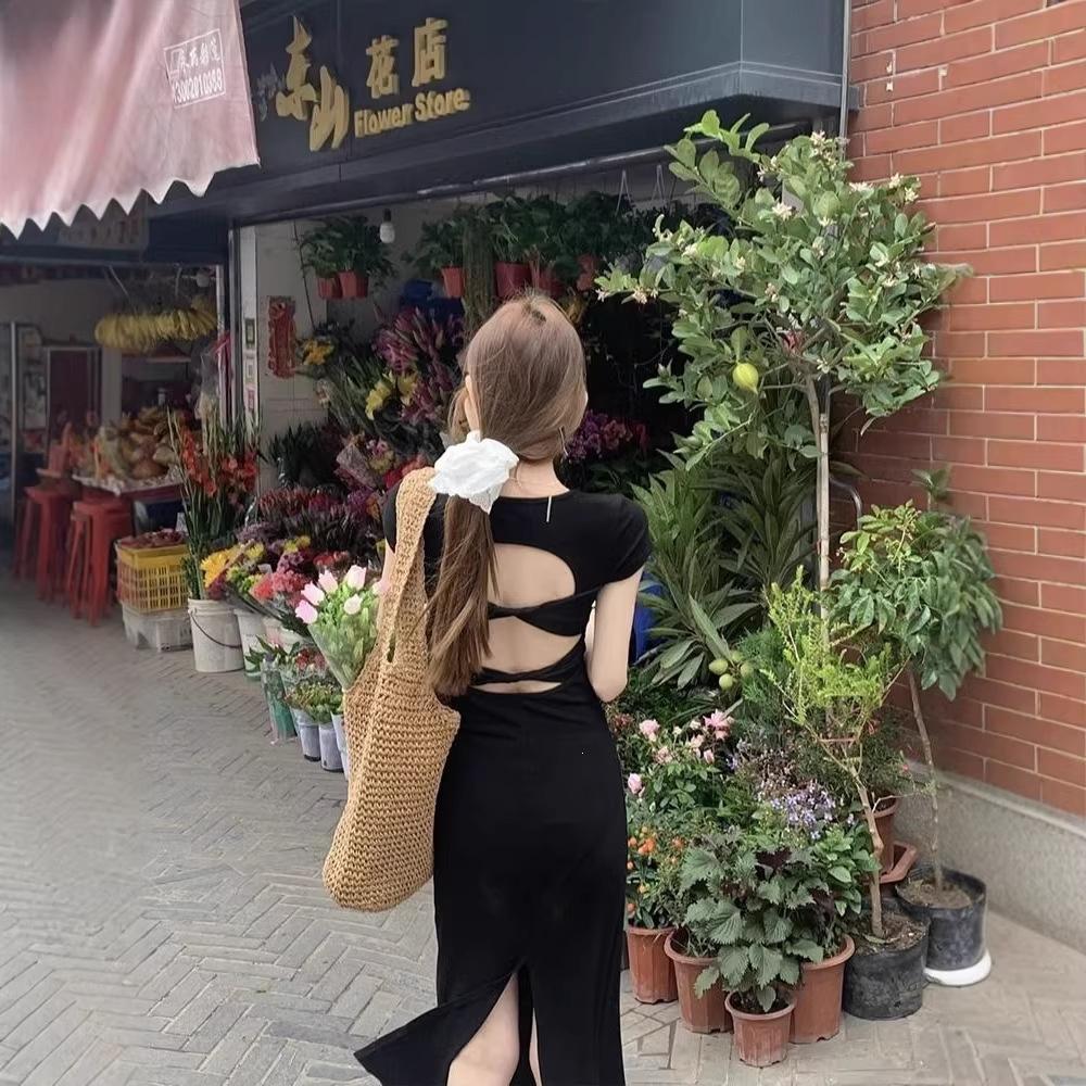 Black backless split dress women's summer new temperament slim and thin short-sleeved long dress French high-end feeling