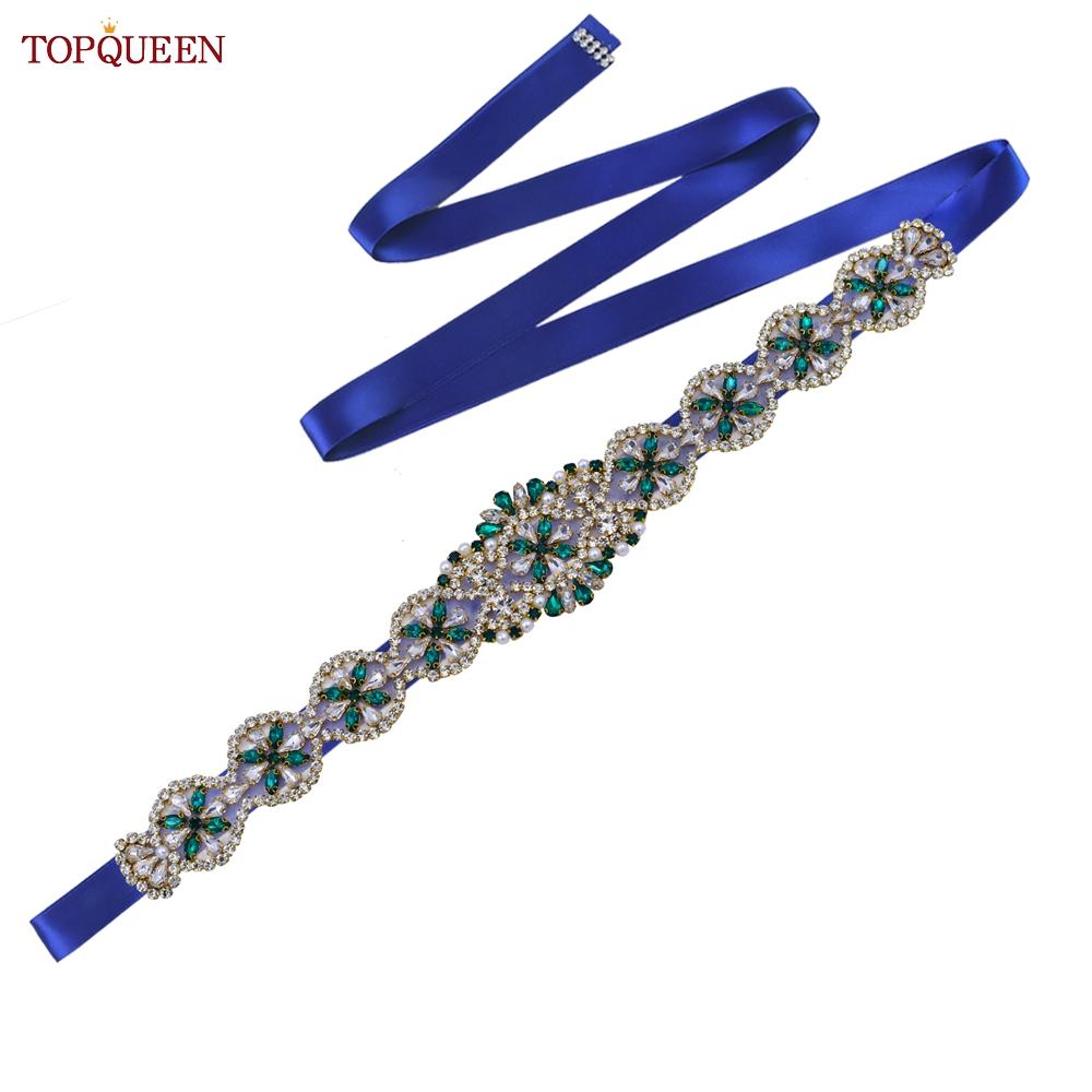 TOPQUEEN S161-KL Neuer Brautgürtel für Hochzeitskleider für Frauen in Gold, handgefertigt, Luxus-Schärpe, Zubehör für das tägliche Partykleid, grüner Strass