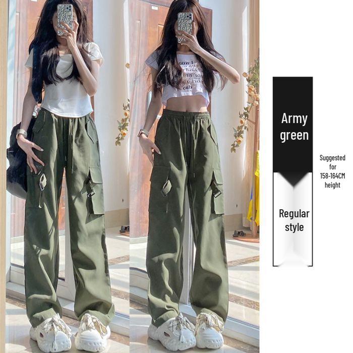 Unisex Military Green High-Waist Wide-Leg Cargo Pants - Lightweight, Summer Casual Fashion