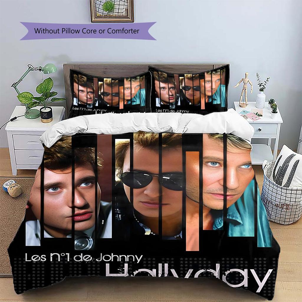 1 Stück Johnny Hallyday Muster Bettwäsche Steppdecke Set Bettbezug Kissenbezug Heimdekoration Geburtstagsgeschenk (1 Bettbezug + 2 Kissenbezüge, ohne Füllung)