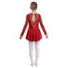 Kids Girls Rhinestone Patchwork Skating Dress Long Sleeve V-Back Hollow Design for Performances