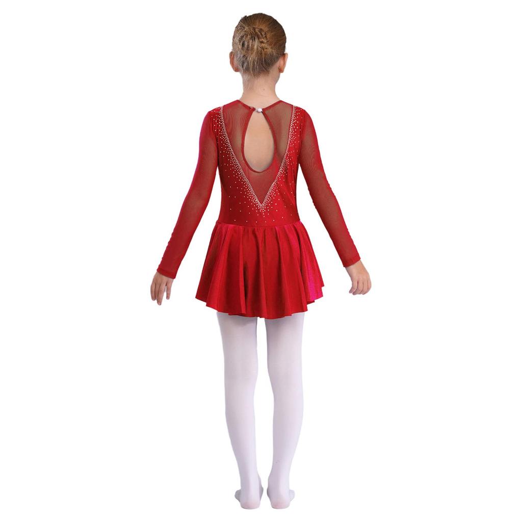 Kids Girls Rhinestone Patchwork Skating Dress Long Sleeve V-Back Hollow Design for Performances