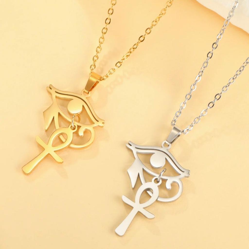LIKGREAT Egyptian Eye of Horus Ankh Cross Protection Necklace for Women Men Stainless Steel Celtics Knot Amulet Jewelry