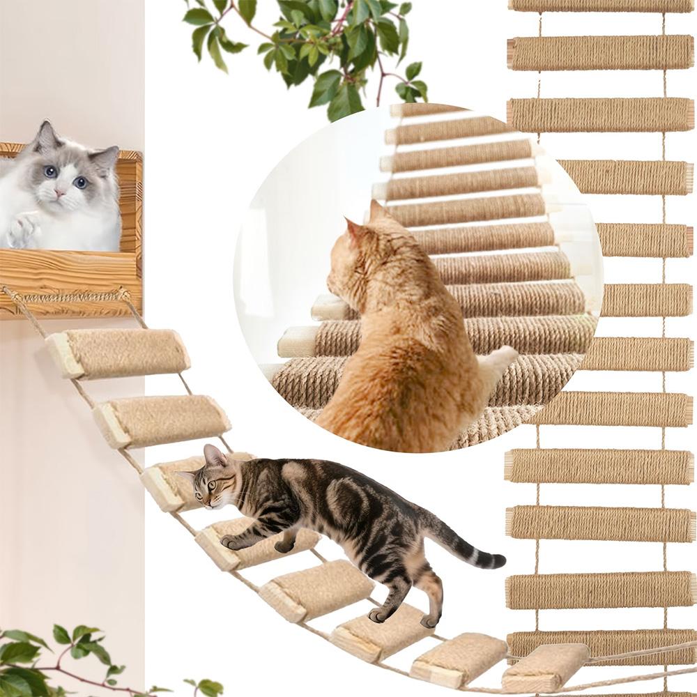 Wall Mounted Cat Activity Center Sisal Cat Climbing Ladder Wood Cat Bridge with Scratching Surface Wall Cat Furniture for Cats