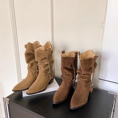 Damen Natur Wildleder Doppel Metall Schnalle Slipper Herbst Mid-Calf Stiefel Spitzzehe 5cm Dicker Mittelhoher Absatz Westernstiefel