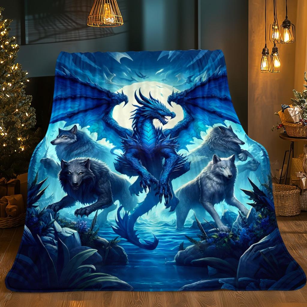 Dragon and Wolves Scene HD Printed Blanket, Soft and Warm Flannel Blanket for Travel, Camping, Sofa, Living Room, Couch, Chair,