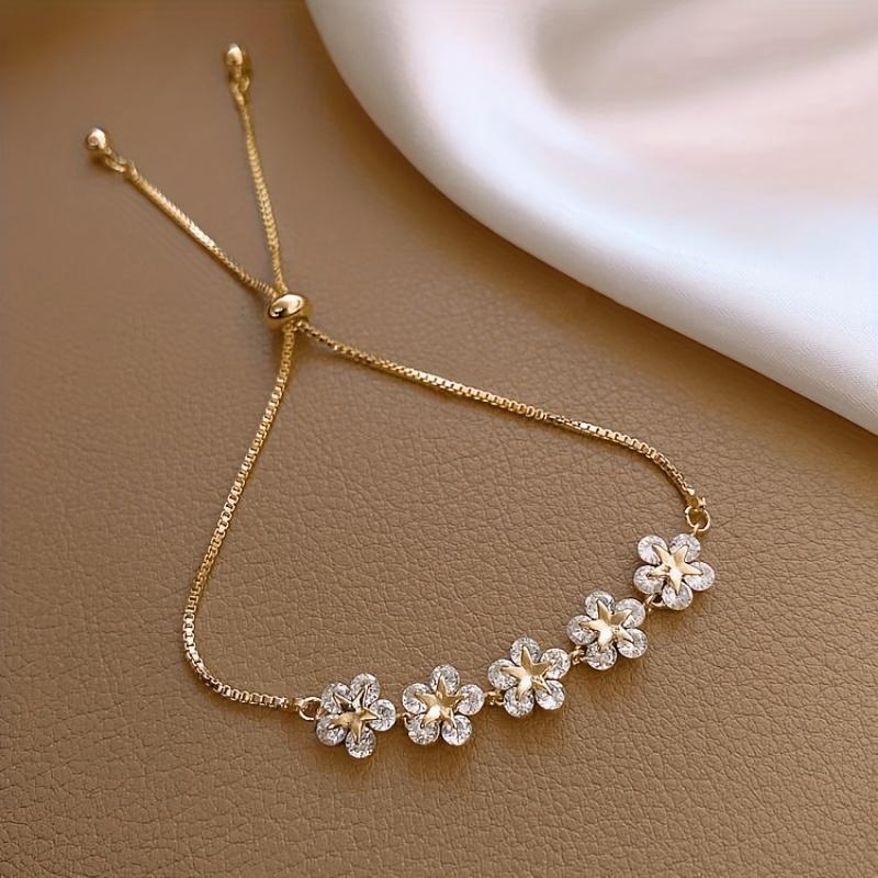 Adjustable Flower Beaded Chain Bracelet Inlaid Shiny Synthetic Zirconia Copper Hand Jewelry Decor for Women