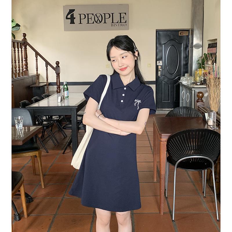 Korean Bow Collar Embroidery Slim Fit College Dress - Women s Summer Waist-Cinching Long Skirt XL