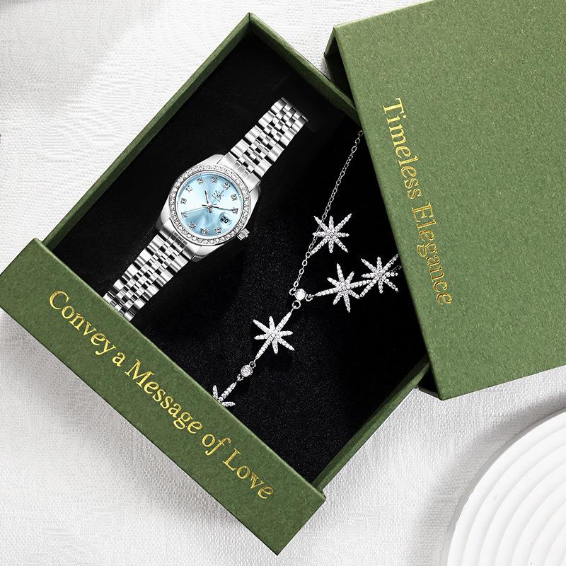 Women's Diamond Watch Set: Elegant Quartz Watch, Necklace & Earrings for Valentine's Day, Gift Box Included