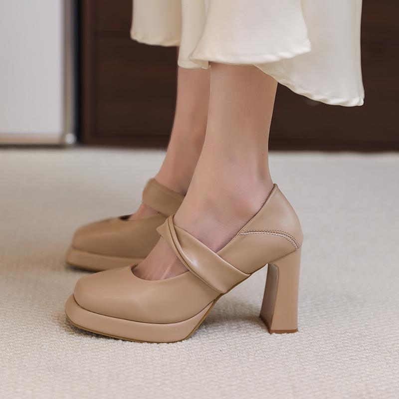 Fashion High Heel Single Shoes Summer New Square Head Shallow Mouth Waterproof Table Cover Foot Non-slip Wear Thick Heel Shoes